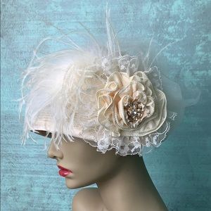 Cream white wedding hat with antique lace